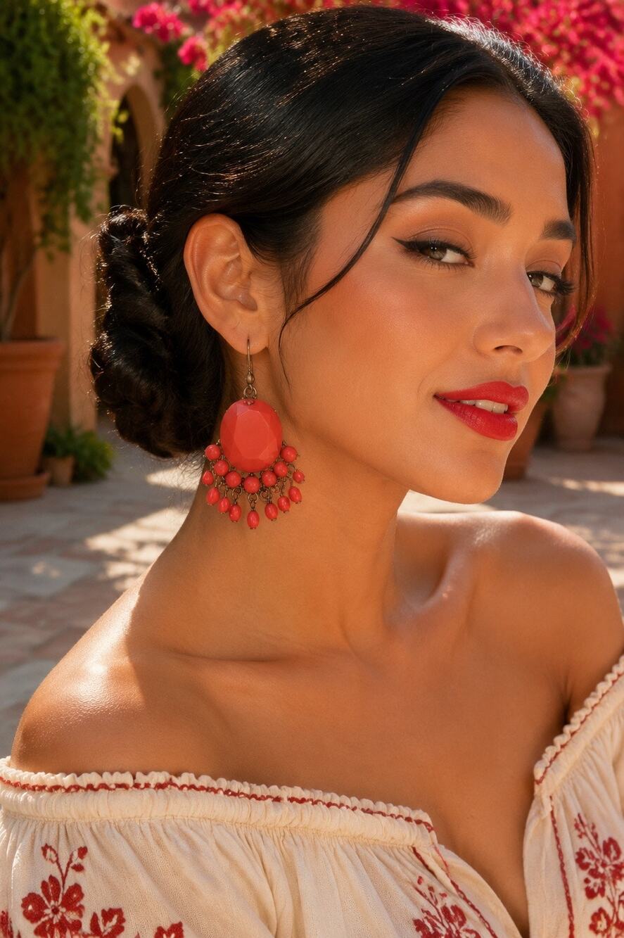 Coral Red Beaded Chandelier Dangle Earrings Bronze Tone Boho Statement